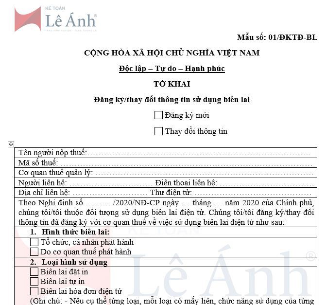 Mẫu số 01/ĐKTĐ-BL - Mẫu đăng ký/thay đổi thông tin sử dụng biên lai