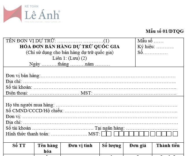 Mẫu số 01/TDQG mẫu hóa đơn bán hàng dự trữ quốc gia