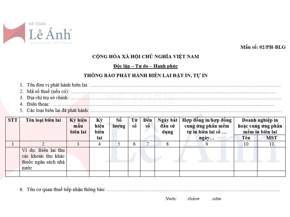 Mẫu số 02/PH-BLG Thông báo phát hành biên lai đặt in, tự in