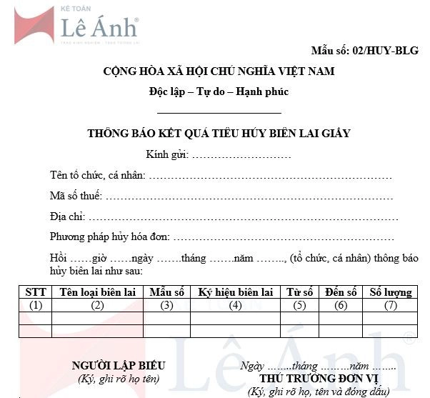 Mẫu số 02/HUY-BLG thông báo kết quả tiêu hủy biên lai giấy theo Nghị định 123