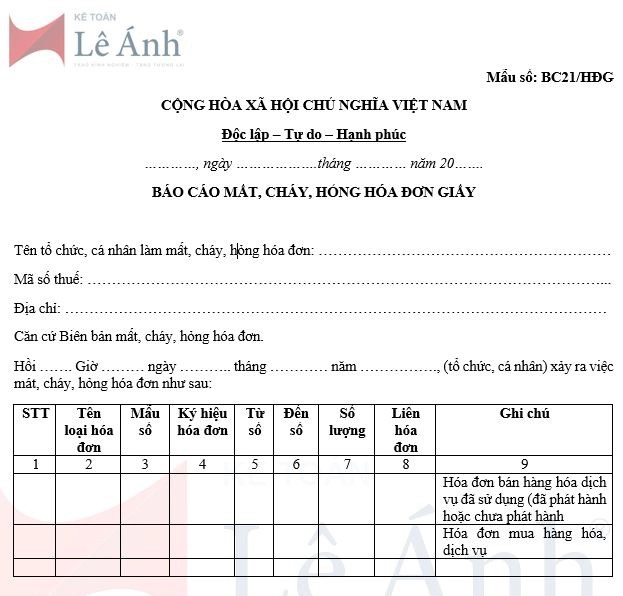 Mẫu số BC21/HĐG báo cáo mất cháy hỏng hóa đơn giấy NĐ 123/2020/NĐ-CP