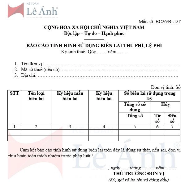 Mẫu số BC26/BLĐT báo cáo tình hình sử dụng biên lai thu phí lệ phí theo Nghị định 123