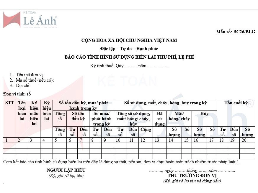 Mẫu số BC26/BLG báo cáo tình hình sử dụng biên lai thu phí lệ phí theo Nghị định 123