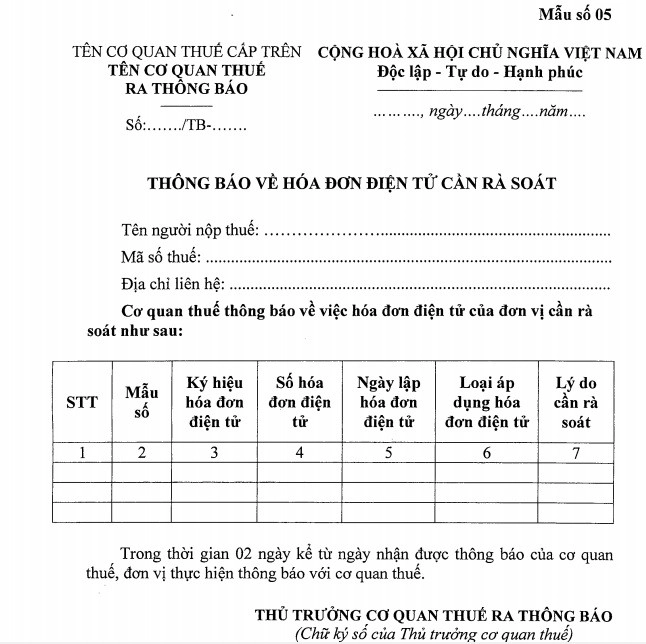 Mẫu 05 Thông báo về hóa đơn điện tử cần rà soát
