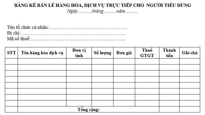 Mẫu bảng kê bán lẻ hàng hóa, dịch vụ trực tiếp cho người tiêu dùng