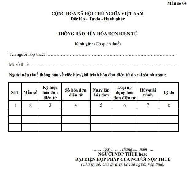 Mẫu thông báo hủy hóa đơn điện tử - Mẫu 04