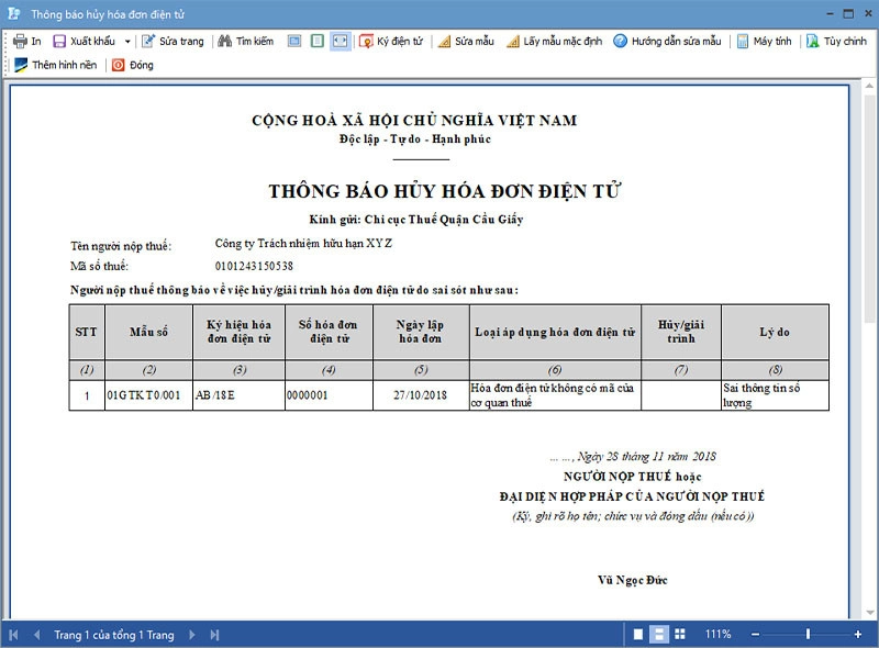 Thông báo hủy hóa đơn điện tử Mẫu 04 Nghị định 119/2018/NĐ-CP