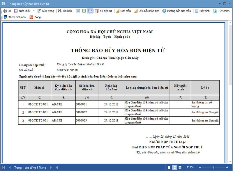 Thông báo hủy hóa đơn điện tử theo mẫu 04