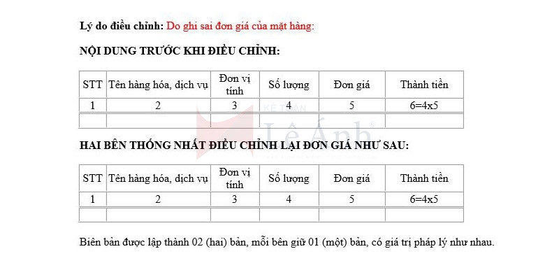 Mẫu biên bản điều chỉnh hóa đơn điện tử