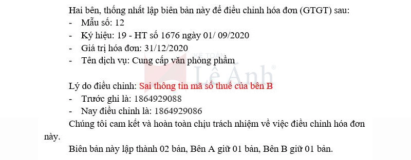 Mẫu biên bản điều chỉnh hóa đơn viết sai mã số thuế