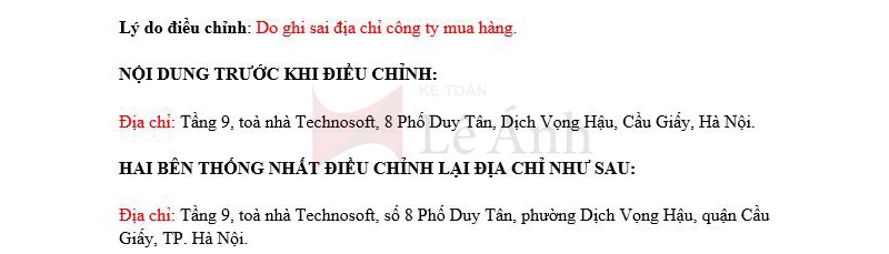 Mẫu biên bản điều chỉnh hóa đơn viết sai địa chỉ người mua