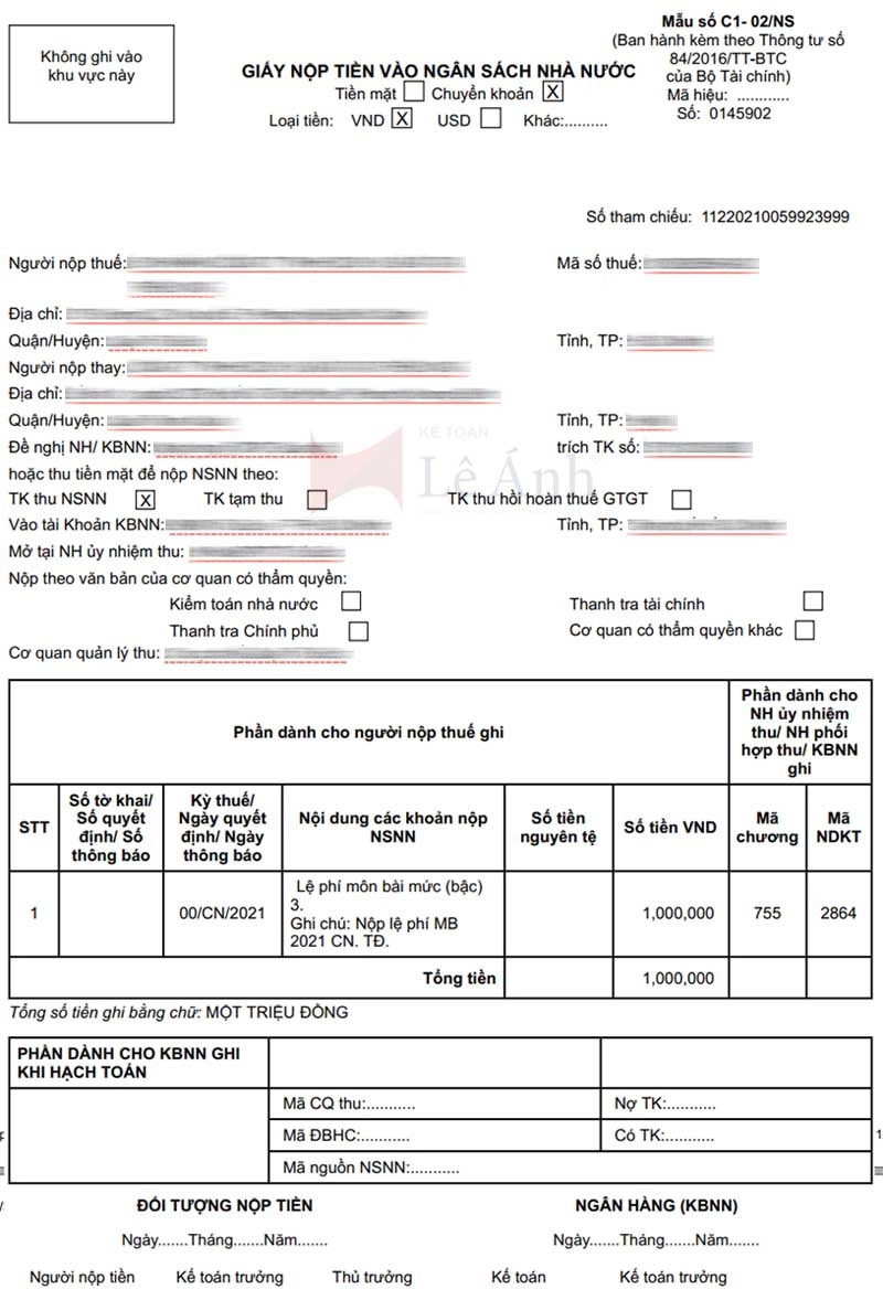 mẫu giấy nộp tiền vào ngân sách nhà nước