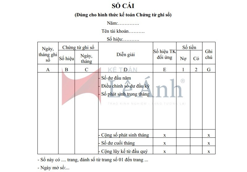 Sổ cái dùng cho hình thức chứng từ ghi sổ