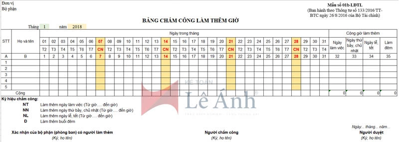Mẫu bảng chấm công làm thêm giờ