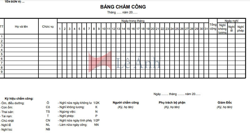 Mẫu bảng chấm công theo ngày