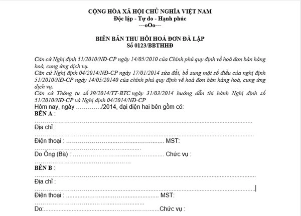 Biên bản thu hồi hóa đơn đã lập