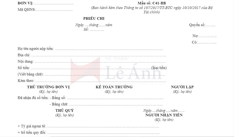 Mẫu phiếu chi theo Thông tư 107