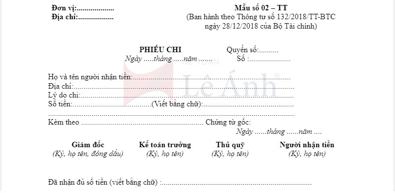 Mẫu phiếu chi theo Thông tư 132