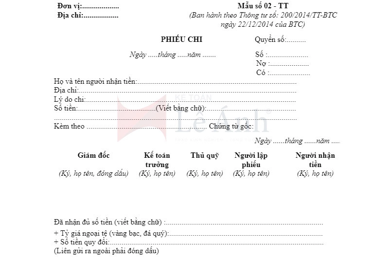 Mẫu phiếu chi theo Thông tư 200