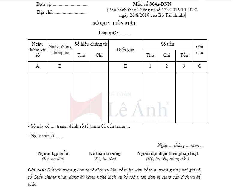 Mẫu sổ quỹ tiền mặt - Mẫu số S04a-DNN