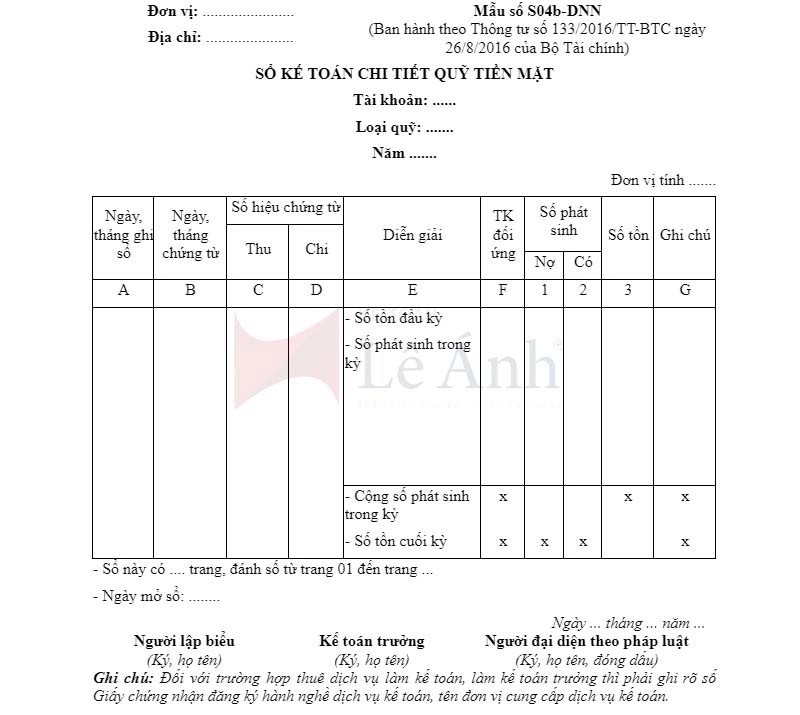 Mẫu sổ quỹ tiền mặt theo TT133