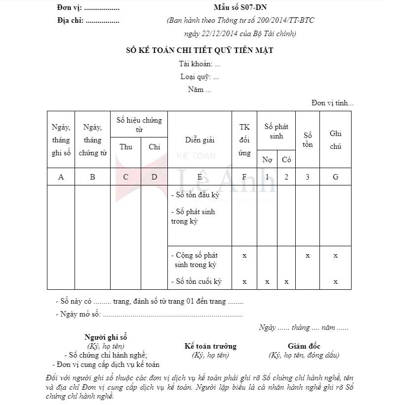 Mẫu sổ quỹ tiền mặt theo Thông tư 200