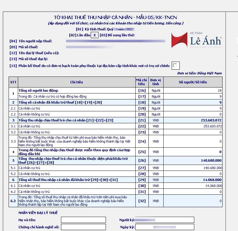 Tờ khai thuế Thu nhập cá nhân mẫu 05/KK-TNCN