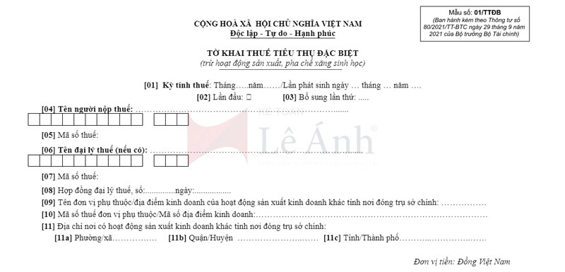 Tờ khai thuế tiêu thụ đặc biệt