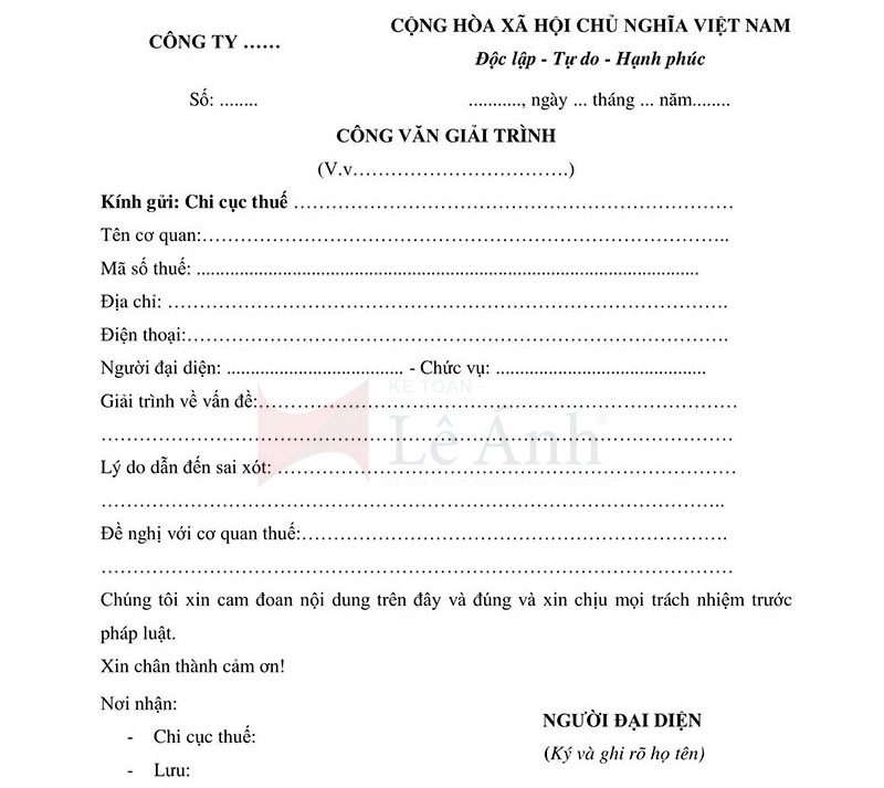 Mẫu công văn giải trình thuế mới nhất