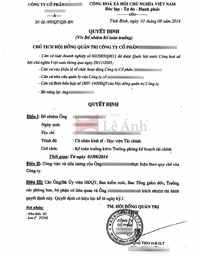 Mẫu quyết định bổ nhiệm kế toán trưởng công ty cổ phần