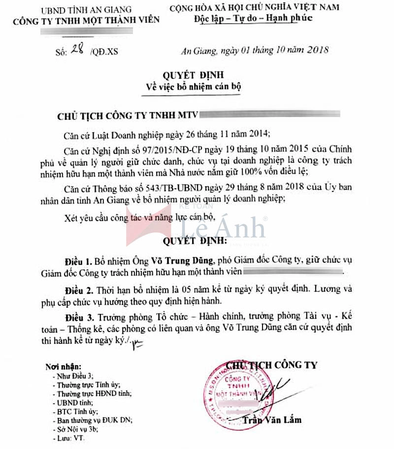 Mẫu quyết định bổ nhiệm kế toán trưởng công ty TNHH