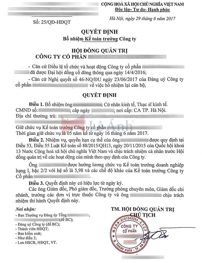 Mẫu quyết định bổ nhiệm kế toán trưởng