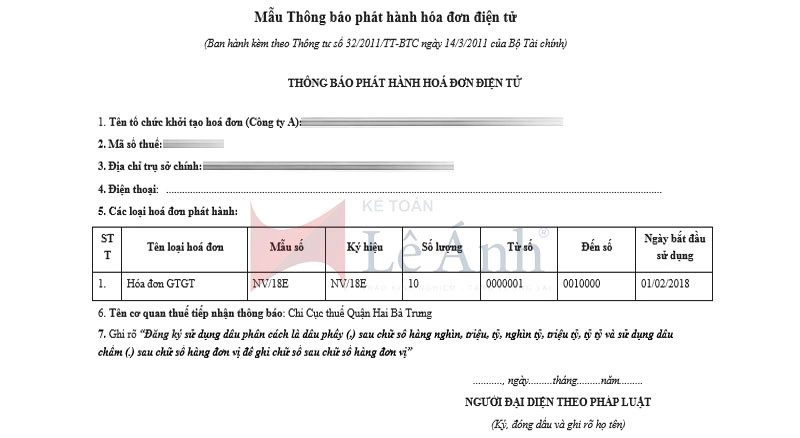 Thông báo phát hành hóa đơn điện tử