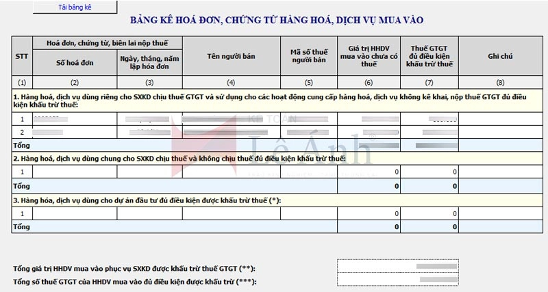 Cách lập bảng kê hóa đơn chứng từ hàng hóa dịch vụ mua vào