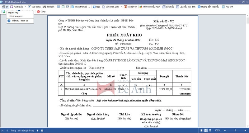 Hướng dẫn in phiếu xuất kho trên phần mềm MISA