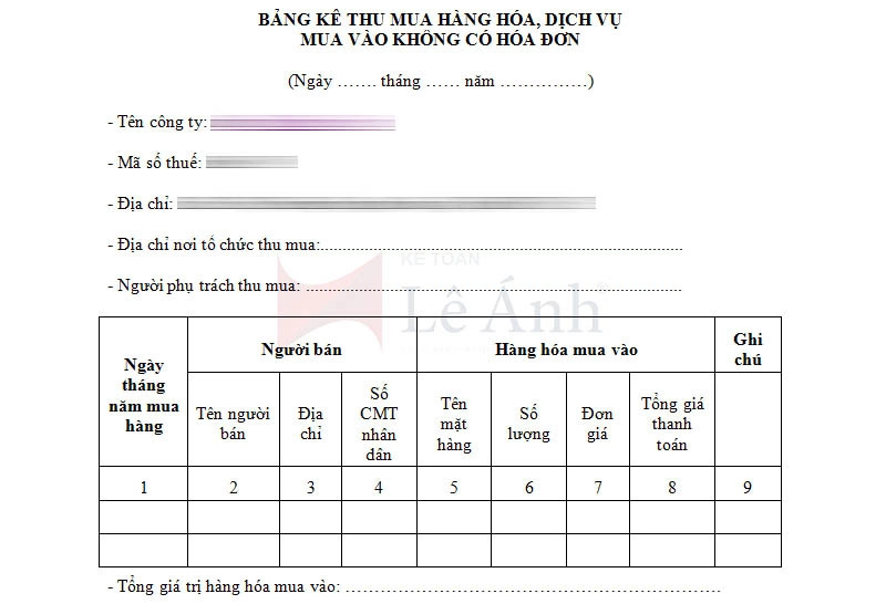 Mẫu bảng kê thu mua hàng hóa dịch vụ mua vào không có hóa đơn