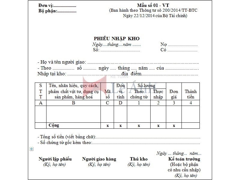 Mẫu phiếu nhập kho