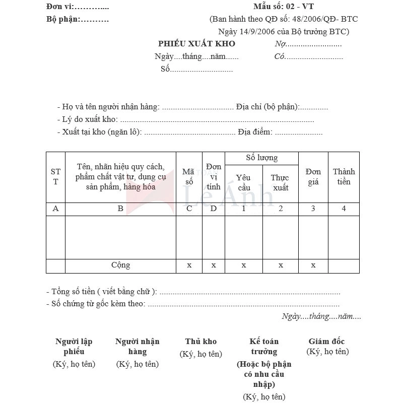 Mẫu phiếu xuất kho theo quyết định 48