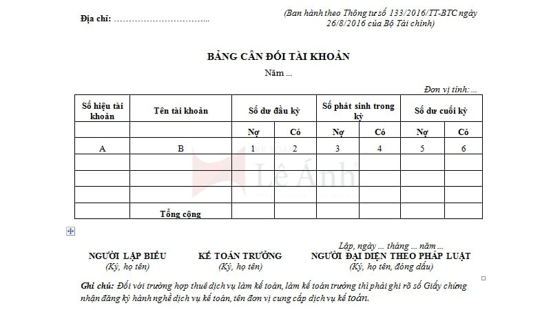 Mẫu bảng cân đối số phát sinh theo Thông tư 133