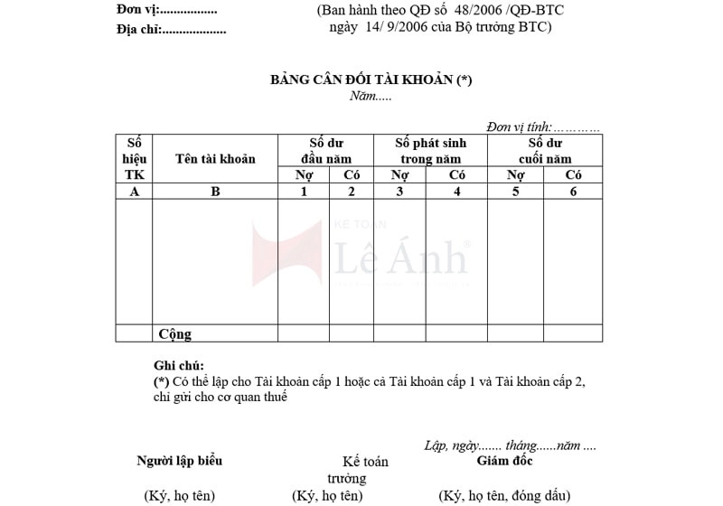 Mẫu bảng cân đối số phát sinh theo Thông tư 48