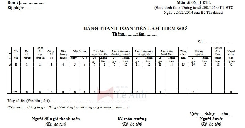 Mẫu bảng thanh toán tiền lương làm thêm giờ