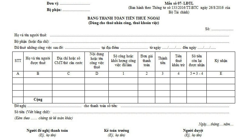 Bảng thanh toán tiền thuê ngoài