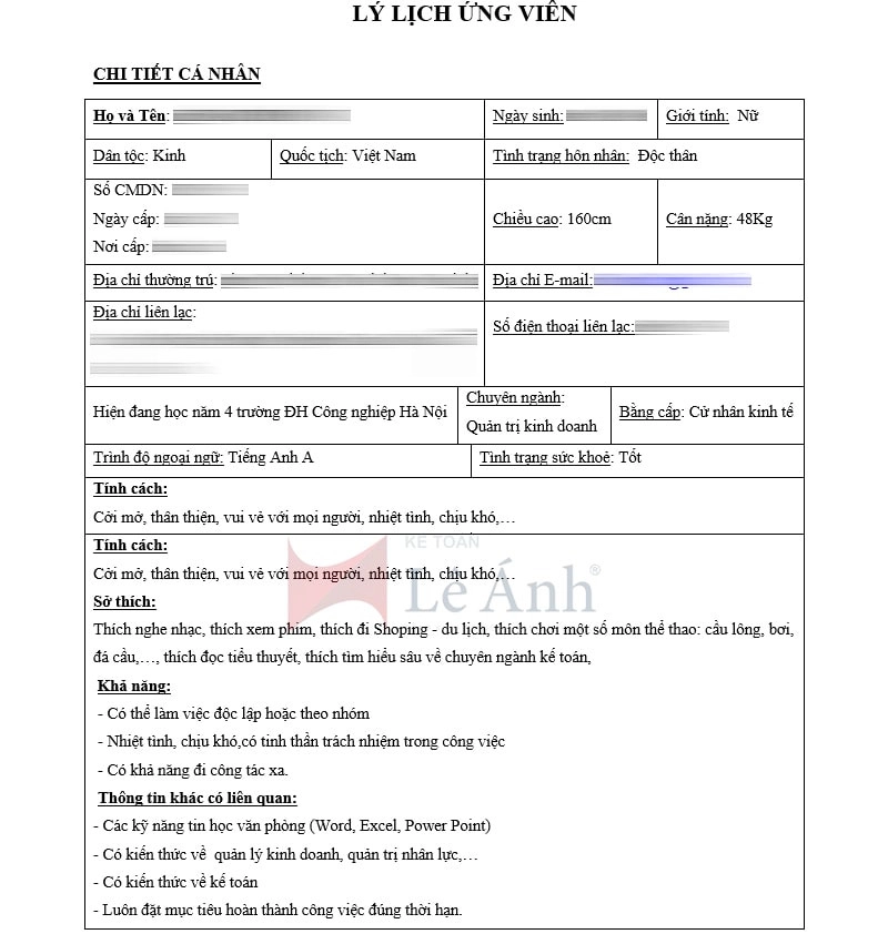 Mẫu CV xin việc kế toán