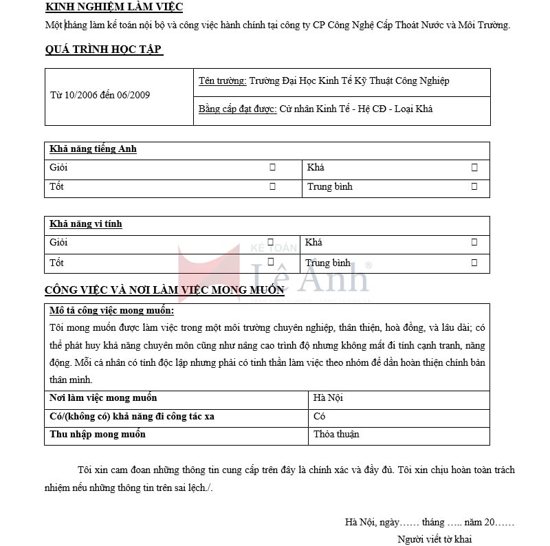 Mẫu CV xin việc ngành kế toán