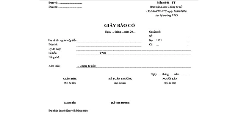 Mẫu giấy báo có theo Thông tư 133