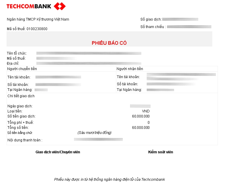 Mẫu giấy báo có của ngân hàng Techcombank