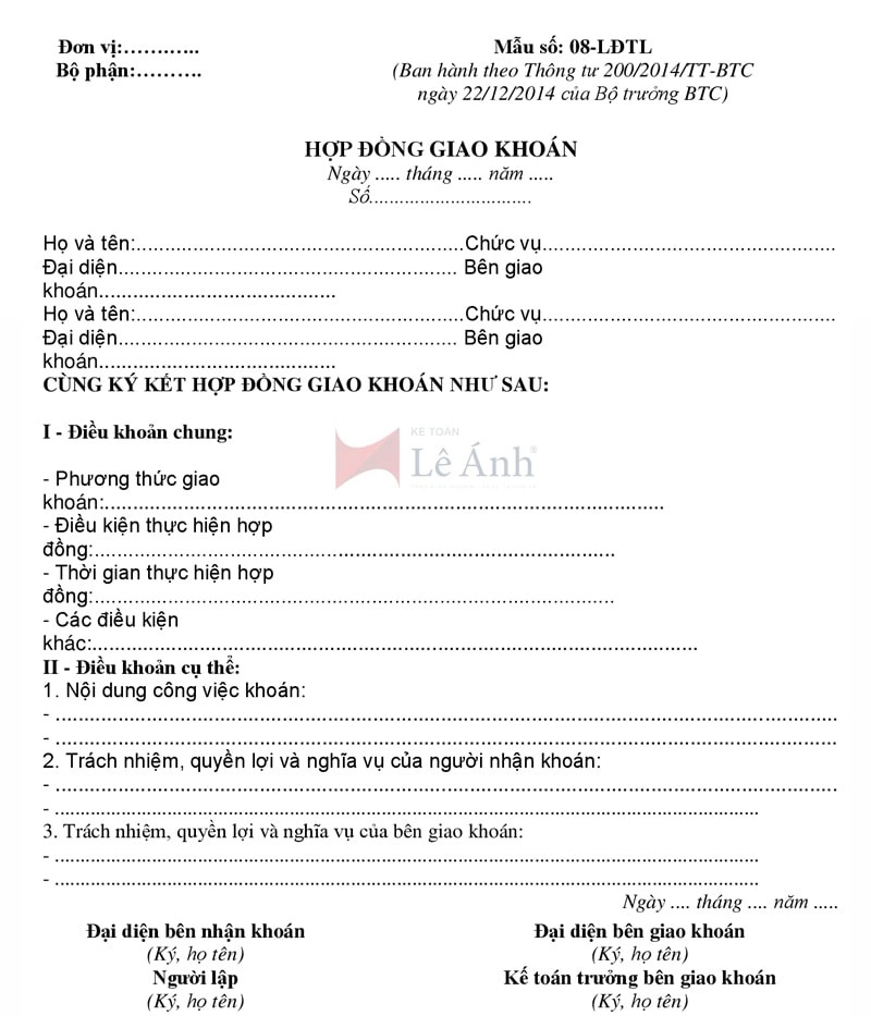 Mẫu hợp đồng khoán việc theo Thông tư 200