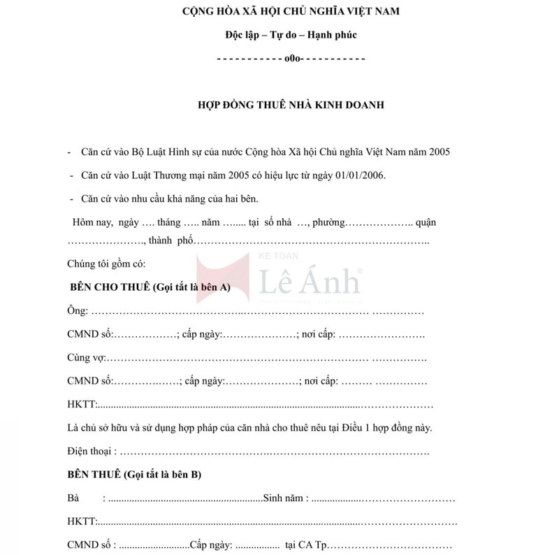 Mẫu hợp đồng thuê nhà kinh doanh