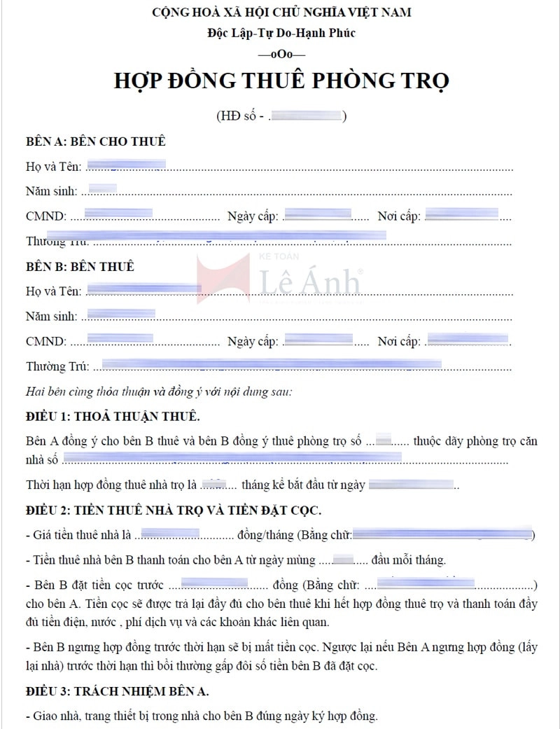 Mẫu hợp đồng thuê nhà trọ