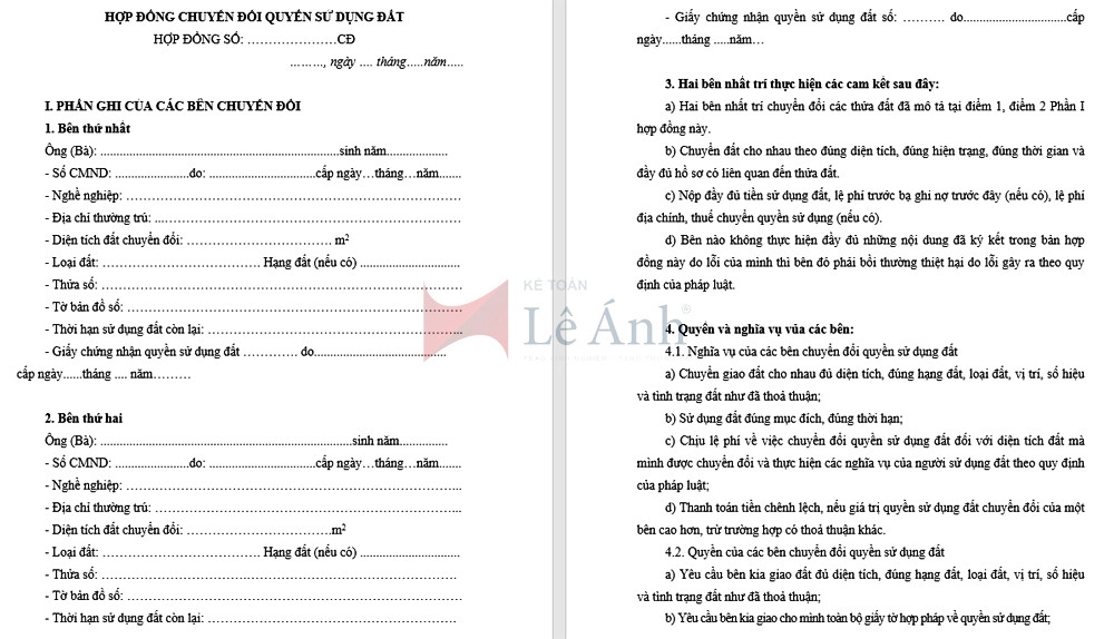 mẫu hợp đồng chuyển nhượng quyền sử dụng đất